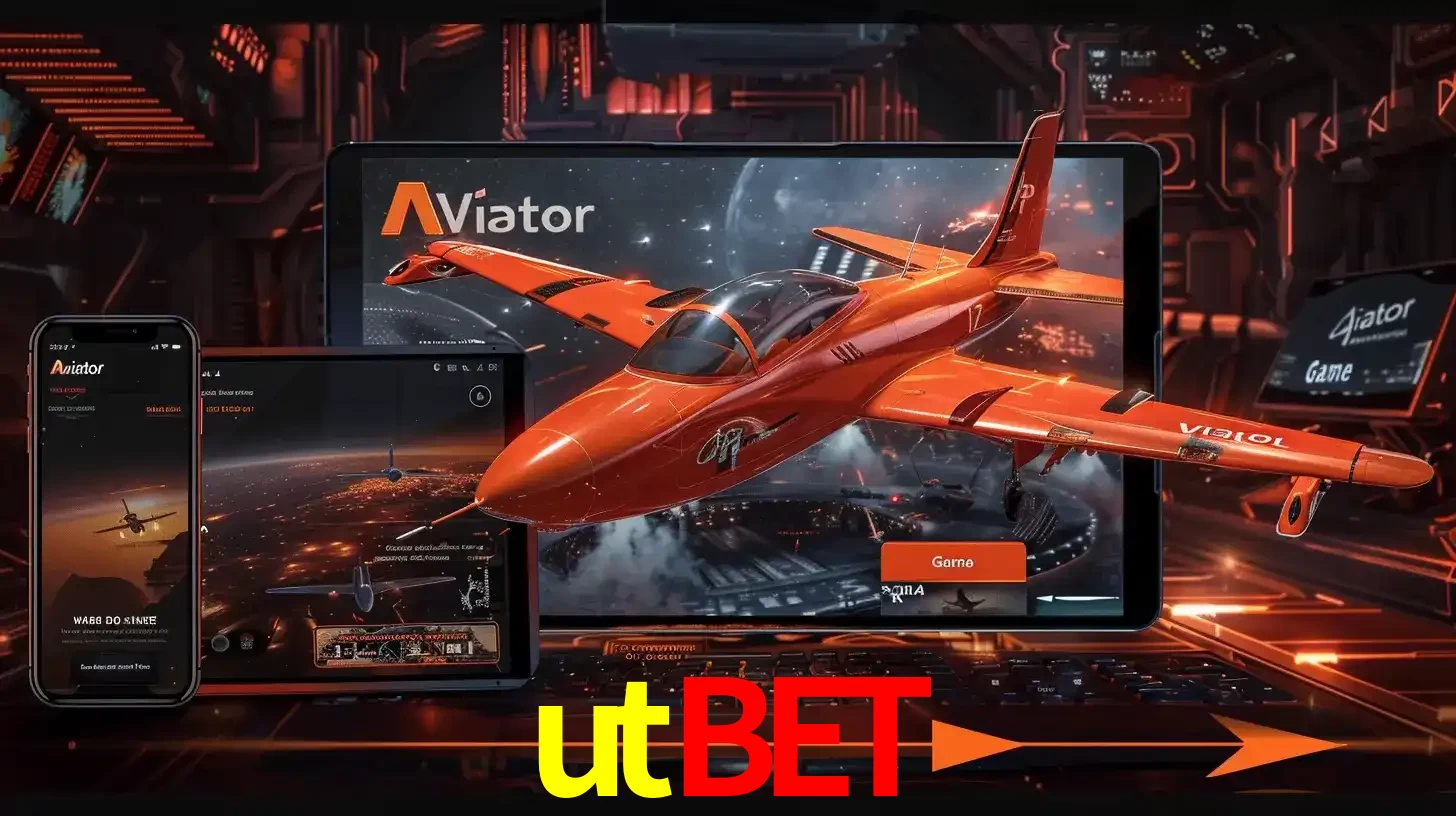 Apresentação tecnológica do jogo Aviator com um avião saindo da tela de um tablet, demonstrando a experiência imersiva em múltiplos dispositivos no utbet.