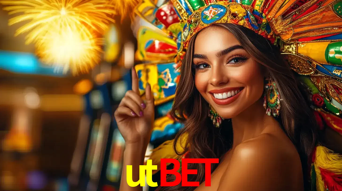 Mulher sorridente com um cocar de carnaval vibrante e colorido, celebrando uma grande vitória nos jogos do cassino utbet com fogos de artifício ao fundo.