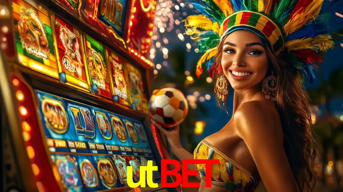 Mulher com um cocar de carnaval ao lado de uma máquina de caça-níqueis enquanto segura uma bola de futebol, mostrando a união da diversão de cassino e esportes no utbet.