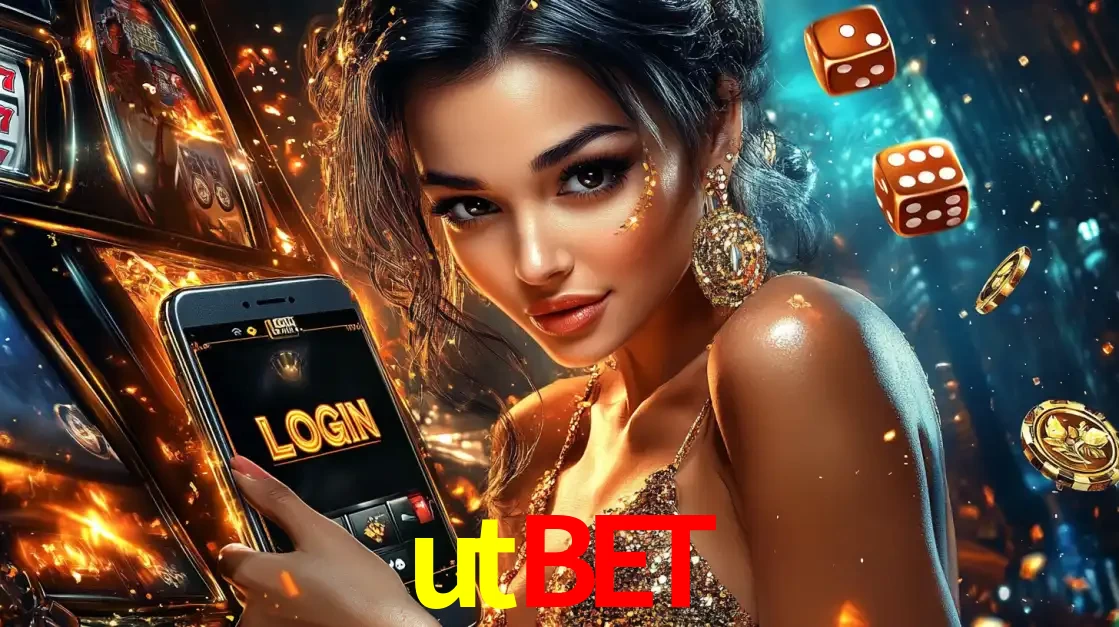 Mulher glamourosa segurando um celular com a tela de login do cassino utbet, rodeada por dados e moedas douradas, pronta para começar a diversão.