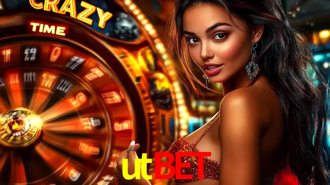 Mulher ao lado da roda de prêmios do jogo de cassino ao vivo Crazy Time, um dos shows de jogos mais emocionantes oferecidos pela plataforma de apostas utbet.