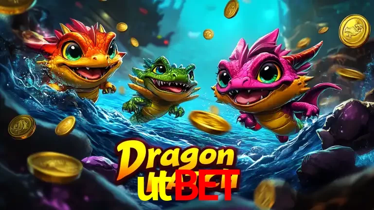 Arte promocional do jogo Dragon Hatch com três adoráveis dragões bebês nadando entre moedas de ouro, um dos slots mais divertidos para jogar no cassino utbet.