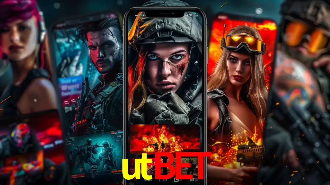 Montagem de telas de celular mostrando diversos personagens, masculinos e femininos, de um jogo de tiro, ilustrando a diversidade de equipes de e-sports para apostar no utbet.