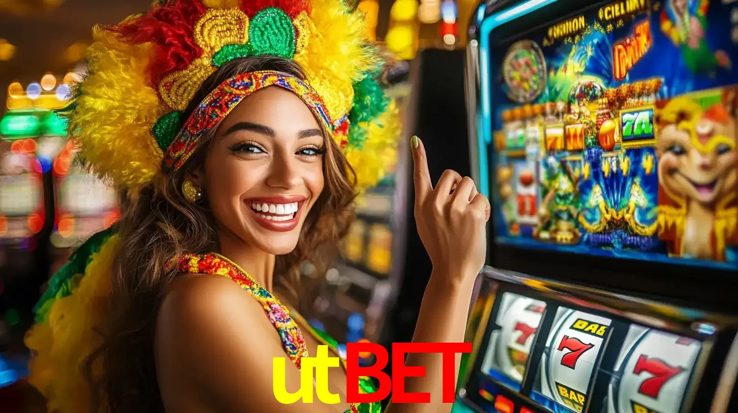 Mulher animada com um cocar de carnaval apontando para uma máquina de caça-níqueis, mostrando a emoção de ganhar um grande prêmio nos jogos do utbet.