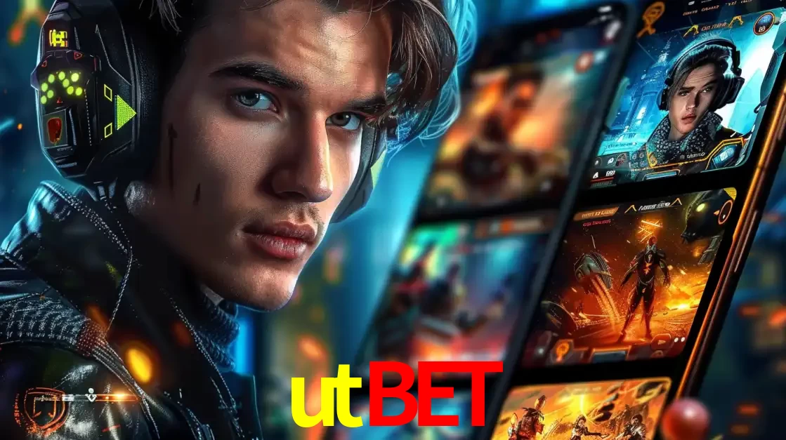 Jovem jogador com fones de ouvido olhando para a câmera, com um aplicativo de jogos e e-sports para celular ao fundo, pronto para a competição e apostas no utbet.