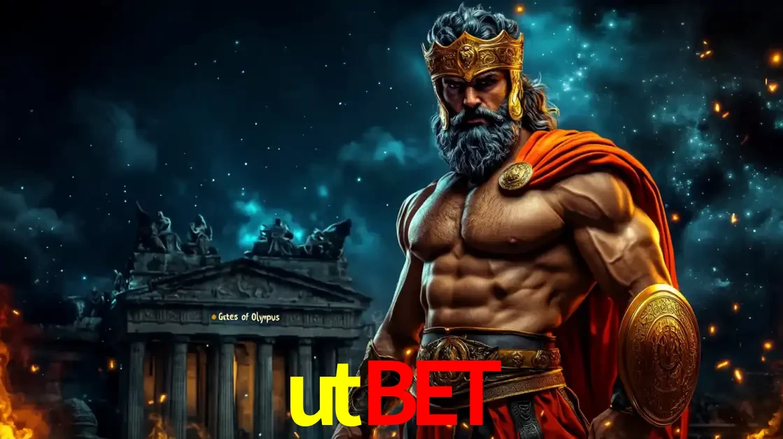 O poderoso Zeus do jogo de slot Gates of Olympus em frente ao seu templo, pronto para lançar multiplicadores divinos e prêmios épicos no cassino online utbet.