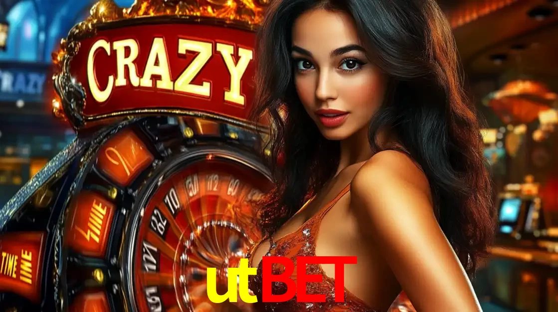 Mulher glamourosa olhando para a câmera com a roda vermelha do Crazy Time ao fundo em um ambiente de cassino, destacando a emoção dos jogos ao vivo no utbet.