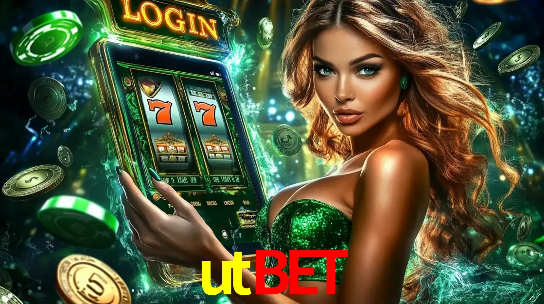 Mulher com tema verde apresentando o aplicativo do cassino utbet com um jogo de slot de 777, cercada por fichas de cassino e uma aura de sorte.