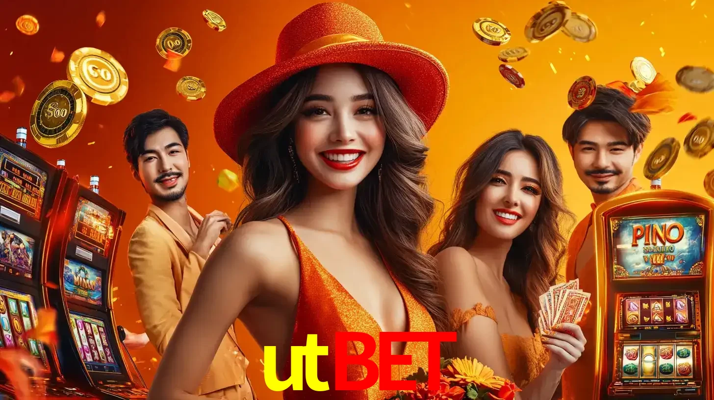 Grupo de amigos asiáticos sorrindo e se divertindo com máquinas de caça-níqueis em um ambiente festivo, celebrando suas vitórias nos jogos de cassino do utbet.