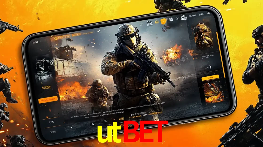 Um smartphone exibindo a interface de um jogo de tiro em primeira pessoa, com um soldado em um cenário de batalha, representando a ação dos e-sports para apostar no utbet.