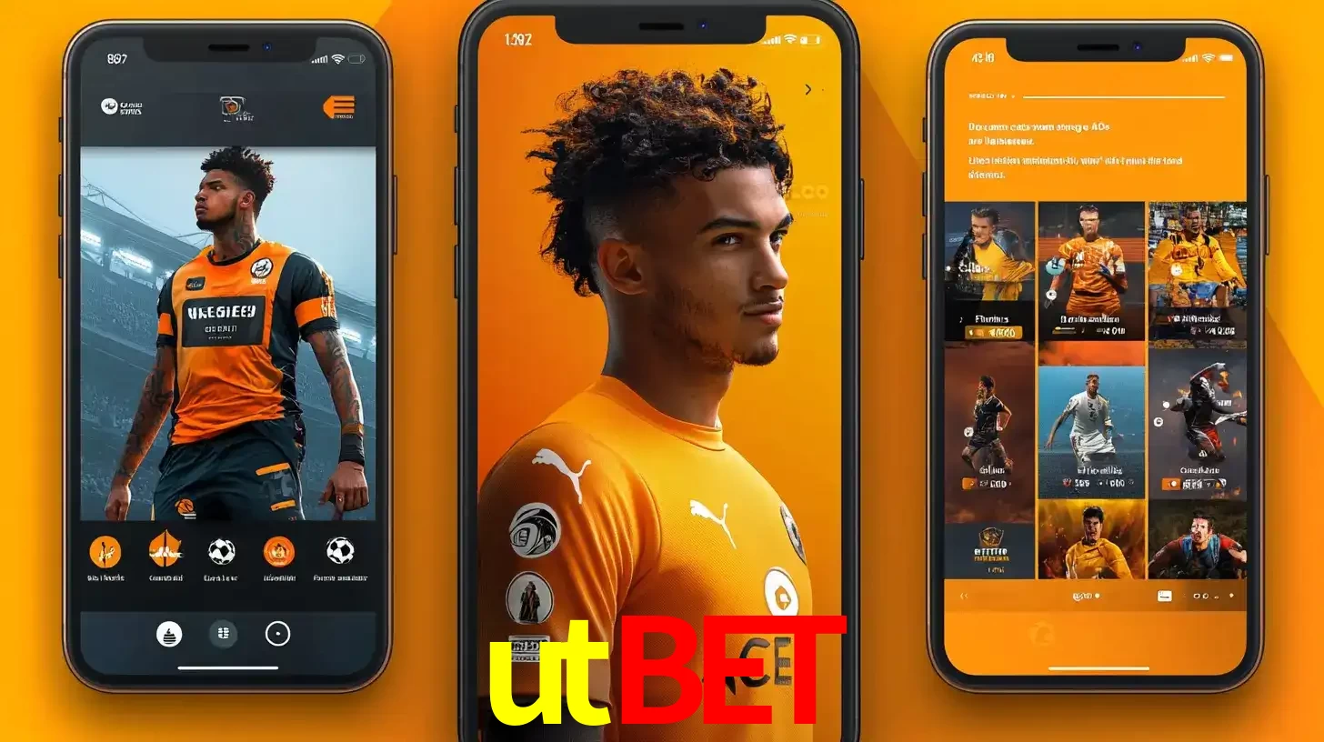 Interface do aplicativo de apostas esportivas utbet em três telas de celular, mostrando o perfil de um jogador de futebol e a lista de jogos disponíveis para apostar.