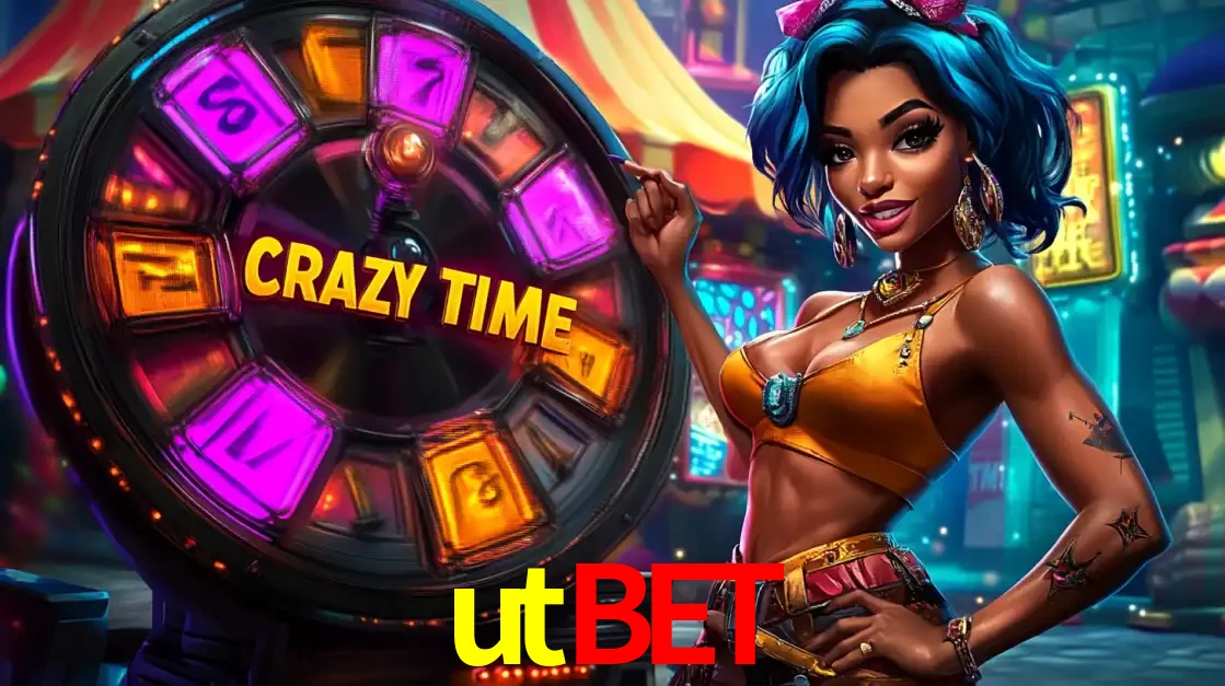 Mulher estilizada com cabelo azul e visual vibrante posando ao lado da roda de prêmios do game show Crazy Time, convidando para a diversão e os bônus do cassino utbet.