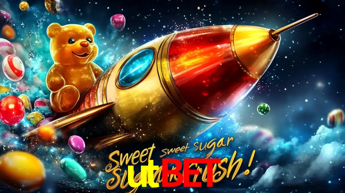 Arte promocional do jogo de slot Sugar Rush, com um urso de pelúcia em um foguete viajando pelo espaço de doces, um dos jogos divertidos disponíveis no cassino utbet.