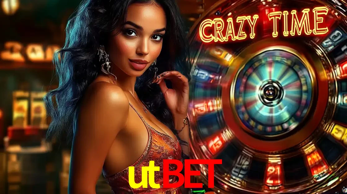 Mulher elegante ao lado da vibrante roda da fortuna do jogo de cassino ao vivo Crazy Time, um dos game shows mais populares e cheios de prêmios do utbet.