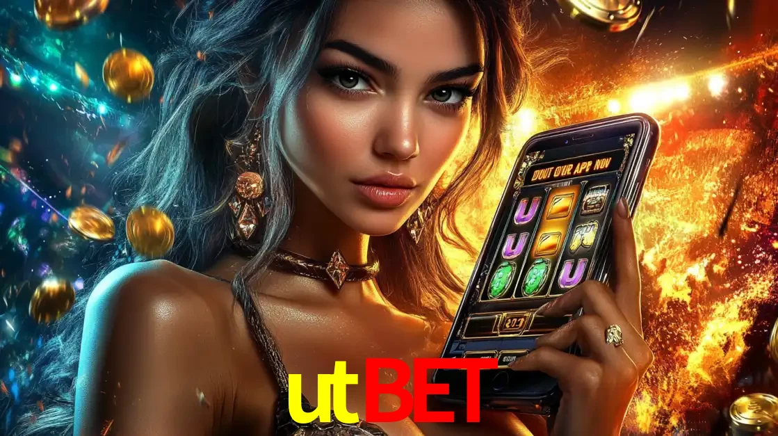 Mulher elegante mostrando um jogo de caça-níqueis em seu smartphone, destacando a experiência de cassino móvel oferecida pelo aplicativo utbet.