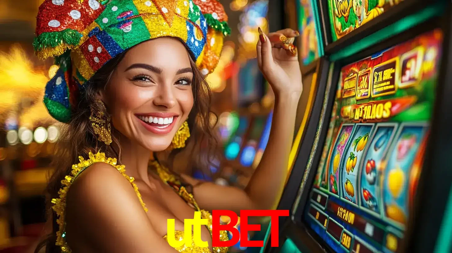 Mulher feliz com traje de carnaval amarelo e colorido ao lado de uma máquina de caça-níqueis, aproveitando a diversão e os jogos temáticos do cassino utbet.