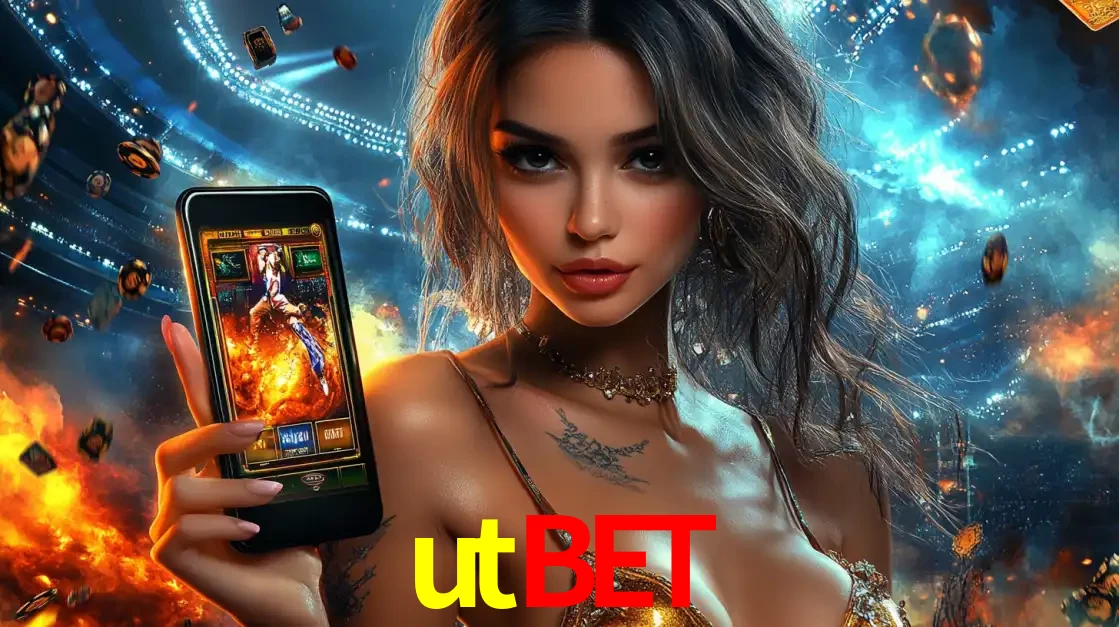 Mulher segurando um celular com um jogo de slot em destaque, tendo como fundo um estádio vibrante, simbolizando a emoção de jogar no cassino móvel utbet.