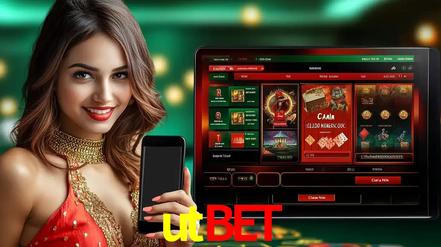 Mulher sorridente segurando um smartphone, ao lado de uma tela exibindo o lobby de jogos do cassino online utbet, com várias opções de jogos de cartas e slots.